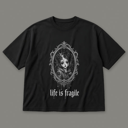 Life is Fragile Men's Oversized Tee in black by Trauma Dump, cracked mirror tattoo-style gothic graphic
