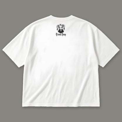 Life is Fragile Men's Oversized Tee - White by Trauma Dump, oversized goth tee back view with black TD doll logo under the collar
