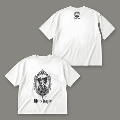 Life is Fragile Men's Oversized Tee - White by Trauma Dump, front and back view of white goth tee with black ink