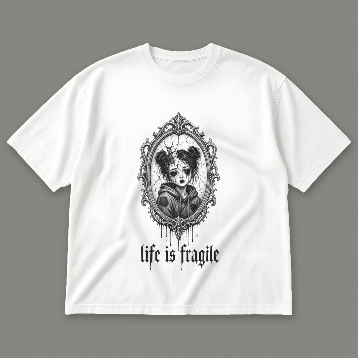 Life is Fragile Men's Oversized Tee in white by Trauma Dump, cracked mirror tattoo-style gothic graphic in black ink