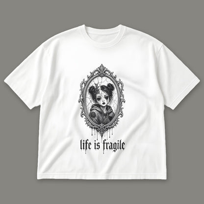Life is Fragile Men's Oversized Tee in white by Trauma Dump, cracked mirror tattoo-style gothic graphic in black ink