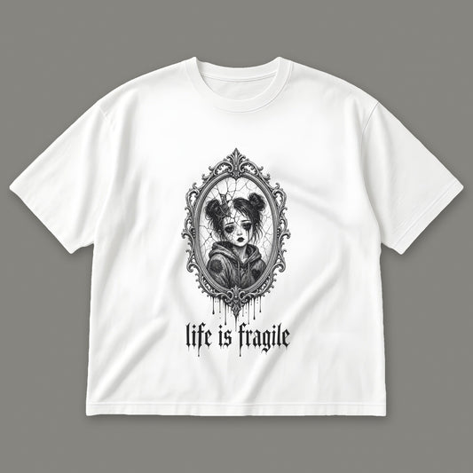 Life is Fragile Men's Oversized Tee in white by Trauma Dump, cracked mirror tattoo-style gothic graphic in black ink
