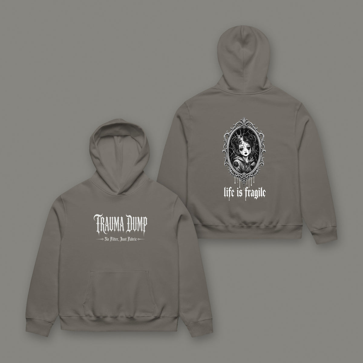 Life is Fragile Oversized Heavyweight Hoodie in asphalt black by Trauma Dump, cracked-mirror tattoo-style gothic graphic (Asphalt, white ink)
