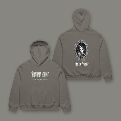 Life is Fragile Oversized Heavyweight Hoodie in asphalt black by Trauma Dump, cracked-mirror tattoo-style gothic graphic (Asphalt, white ink)