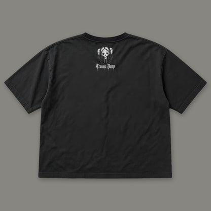 Life is Fragile Women's Boxy Tee by Trauma Dump, women's boxy goth tee back view with TD doll logo under the collar