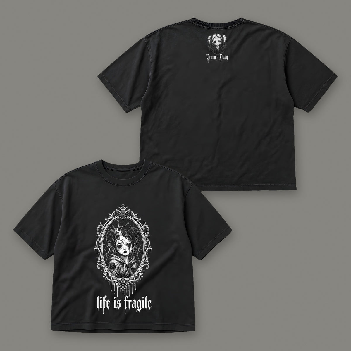 Life is Fragile Women's Boxy Tee by Trauma Dump, front and back view of black goth tee