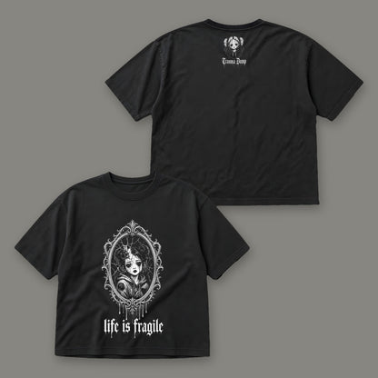 Life is Fragile Women's Boxy Tee by Trauma Dump, front and back view of black goth tee