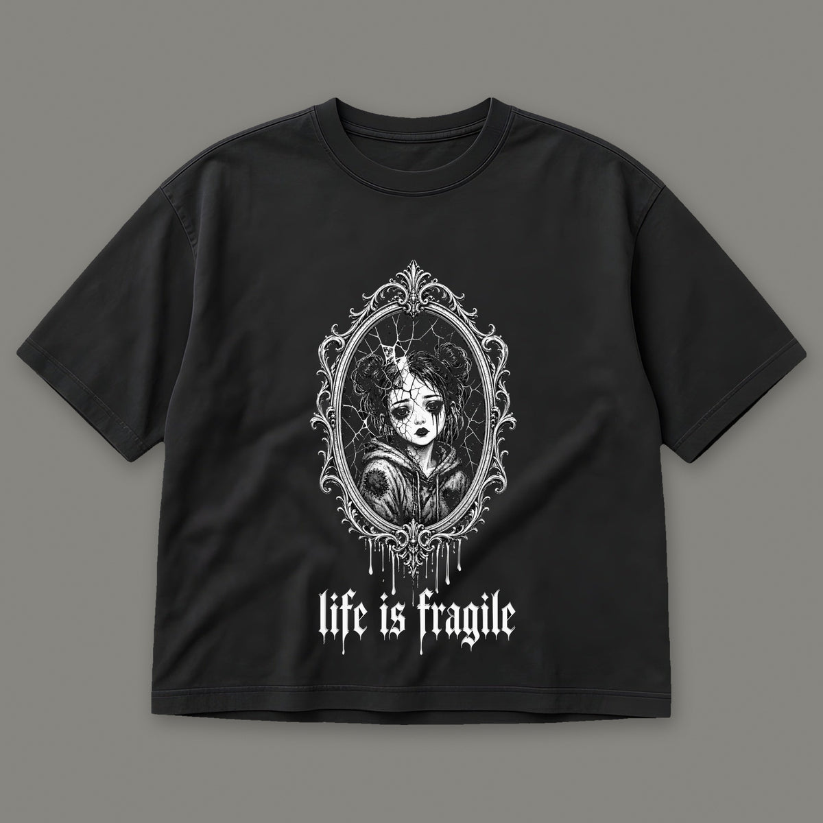 Life is Fragile Women's Boxy Tee in black by Trauma Dump, cracked mirror tattoo-style gothic graphic