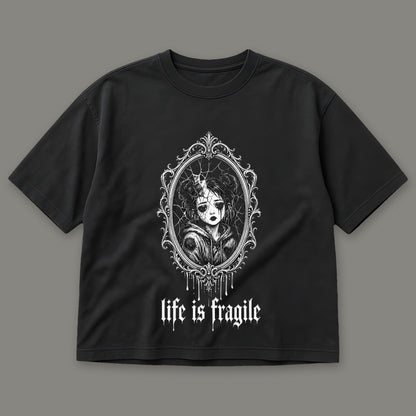 Life is Fragile Women's Boxy Tee in black by Trauma Dump, cracked mirror tattoo-style gothic graphic