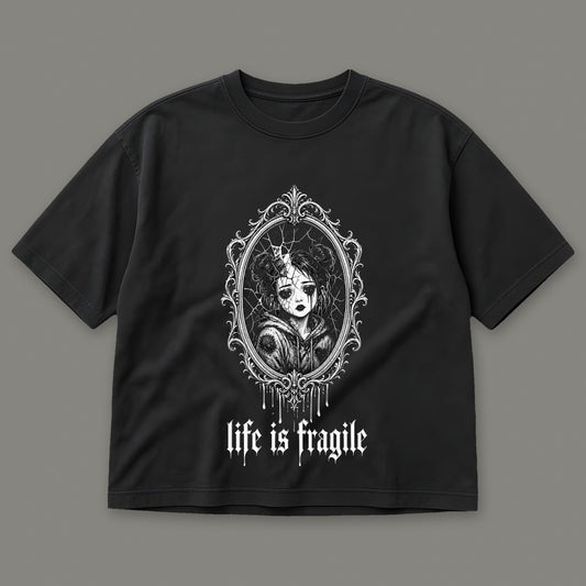 Life is Fragile Women's Boxy Tee in black by Trauma Dump, cracked mirror tattoo-style gothic graphic