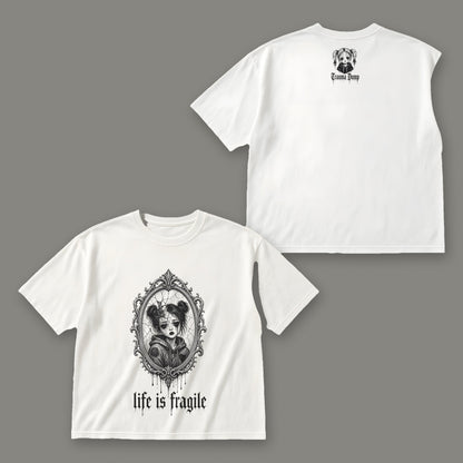 Life is Fragile Women's Boxy Tee - White by Trauma Dump, front and back view of white goth tee with black ink
