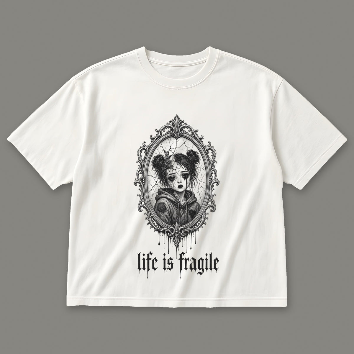 Life is Fragile Women's Boxy Tee in white by Trauma Dump, cracked mirror tattoo-style gothic graphic in black ink