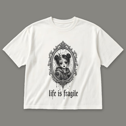 Life is Fragile Women's Boxy Tee in white by Trauma Dump, cracked mirror tattoo-style gothic graphic in black ink