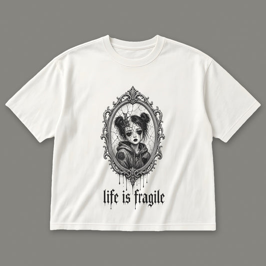 Life is Fragile Women's Boxy Tee in white by Trauma Dump, cracked mirror tattoo-style gothic graphic in black ink