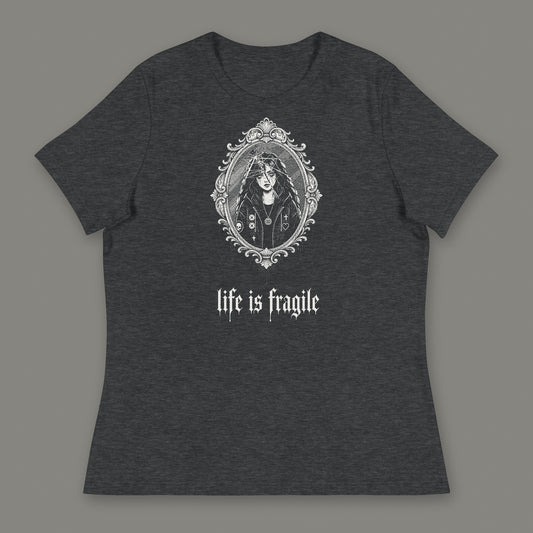 Life is Fragile Women's Relaxed Tee in dark grey heather by Trauma Dump, cracked mirror tattoo-style gothic graphic in white ink (Dark Grey Heather, white ink)