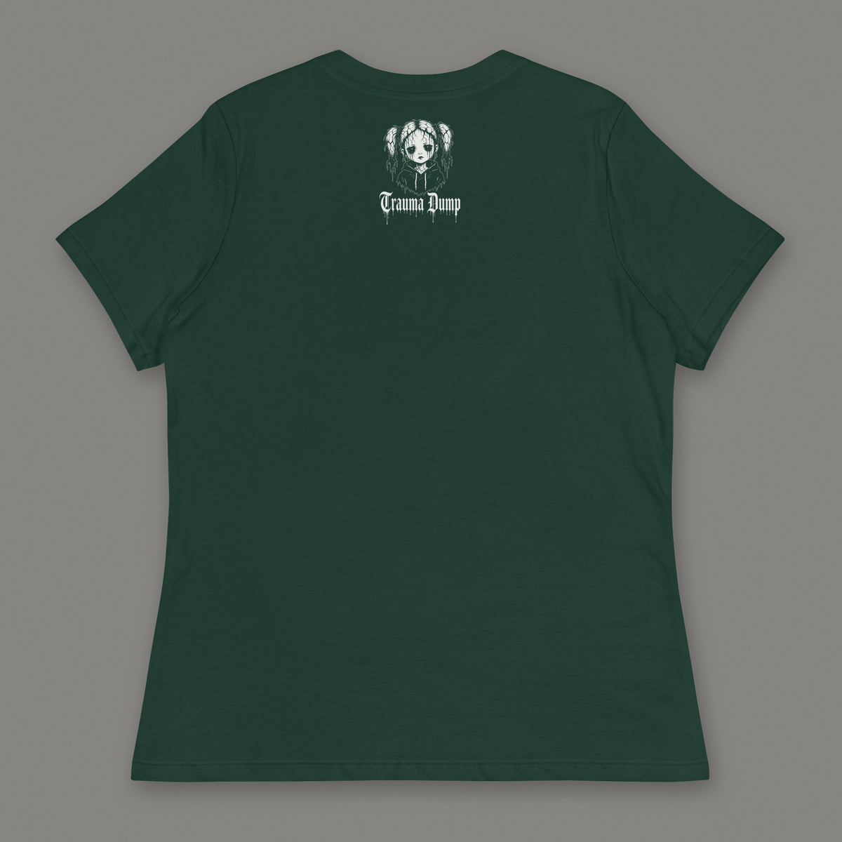 Life is Fragile Women's Relaxed Tee in forest green by Trauma Dump, women's relaxed tee goth tee back view with TD doll logo under the collar in white ink (Forest Green, White ink)