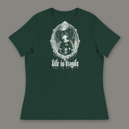 Life is Fragile Women's Relaxed Tee in forest green by Trauma Dump, white-ink print of young Wren in a cracked oval mirror frame with dripping "life is fragile" lettering (Forest Green, white ink)