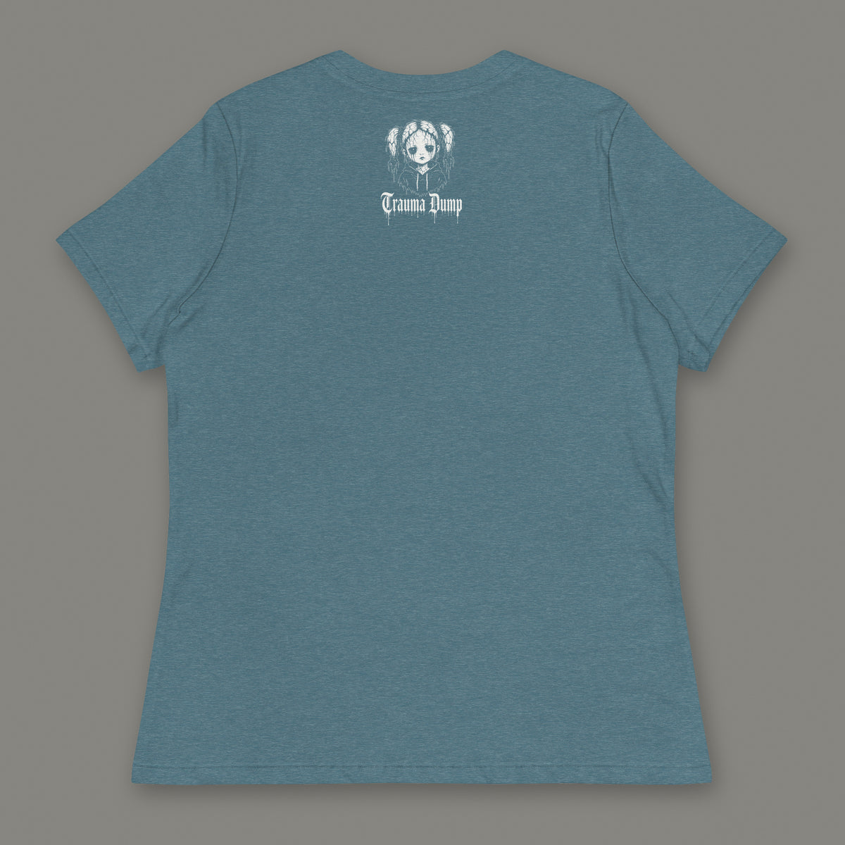 Life is Fragile Women's Relaxed Tee in heather deep teal by Trauma Dump, women's relaxed tee goth tee back view with TD doll logo under the collar in white ink (Heather Deep Teal, White ink)
