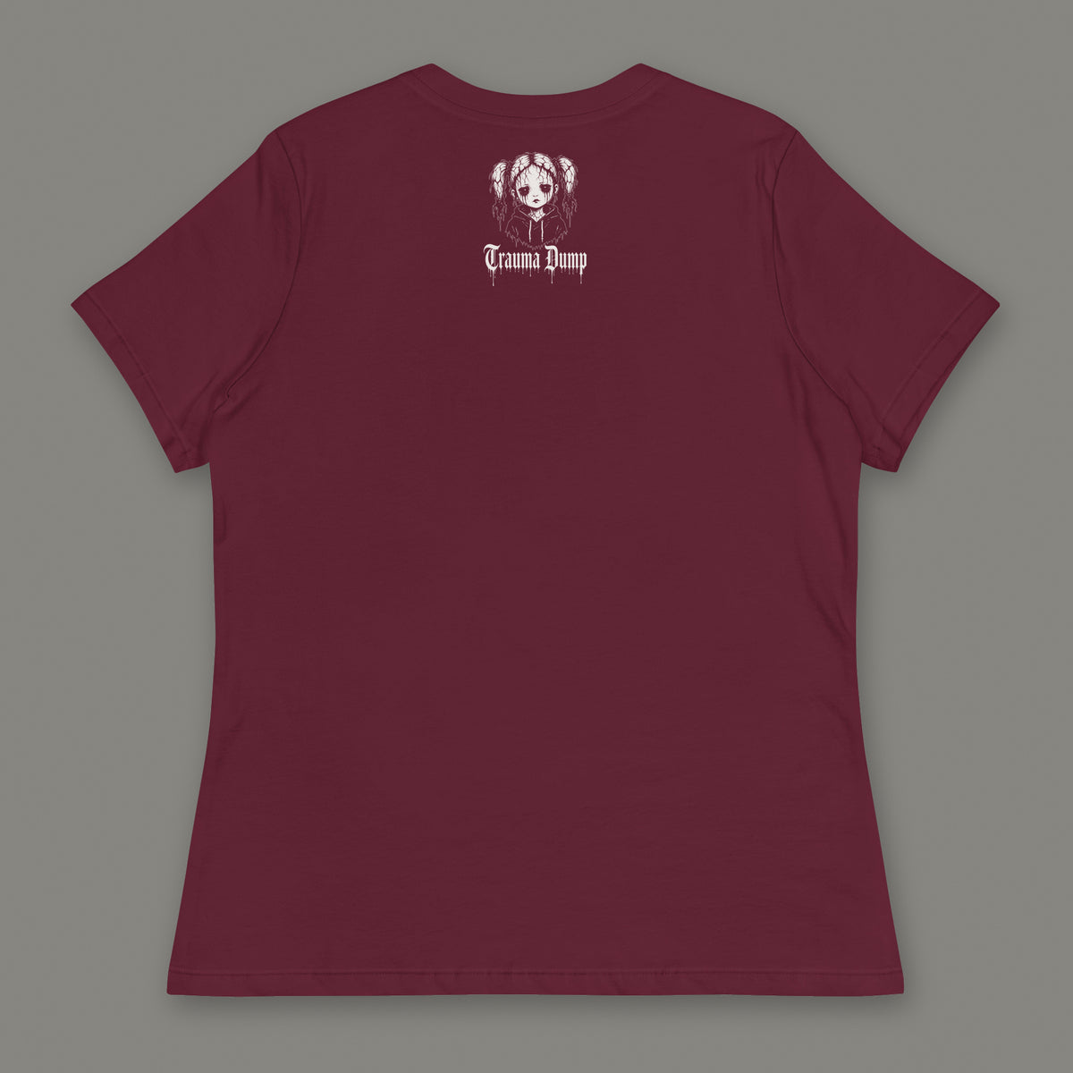 Life is Fragile Women's Relaxed Tee in maroon by Trauma Dump, women's relaxed tee goth tee back view with TD doll logo under the collar in white ink (Maroon, White ink)