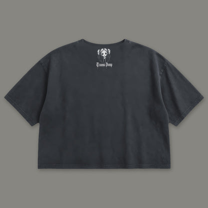 Love Language Cropped Baby Tee in black, back view with doll portrait logo under the collar