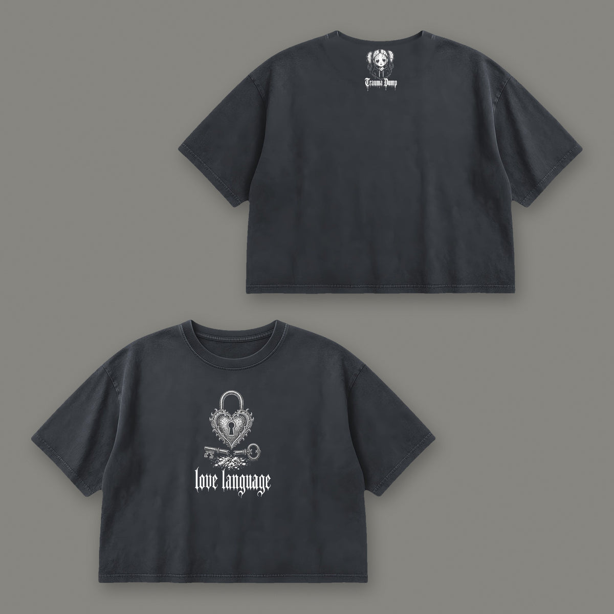 Love Language Cropped Baby Tee in black, front and back view