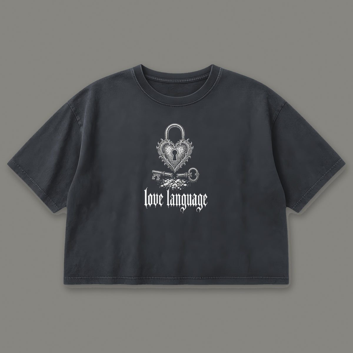 Love Language Cropped Baby Tee in black, front view