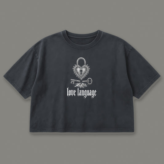 Love Language Cropped Baby Tee in black, front view
