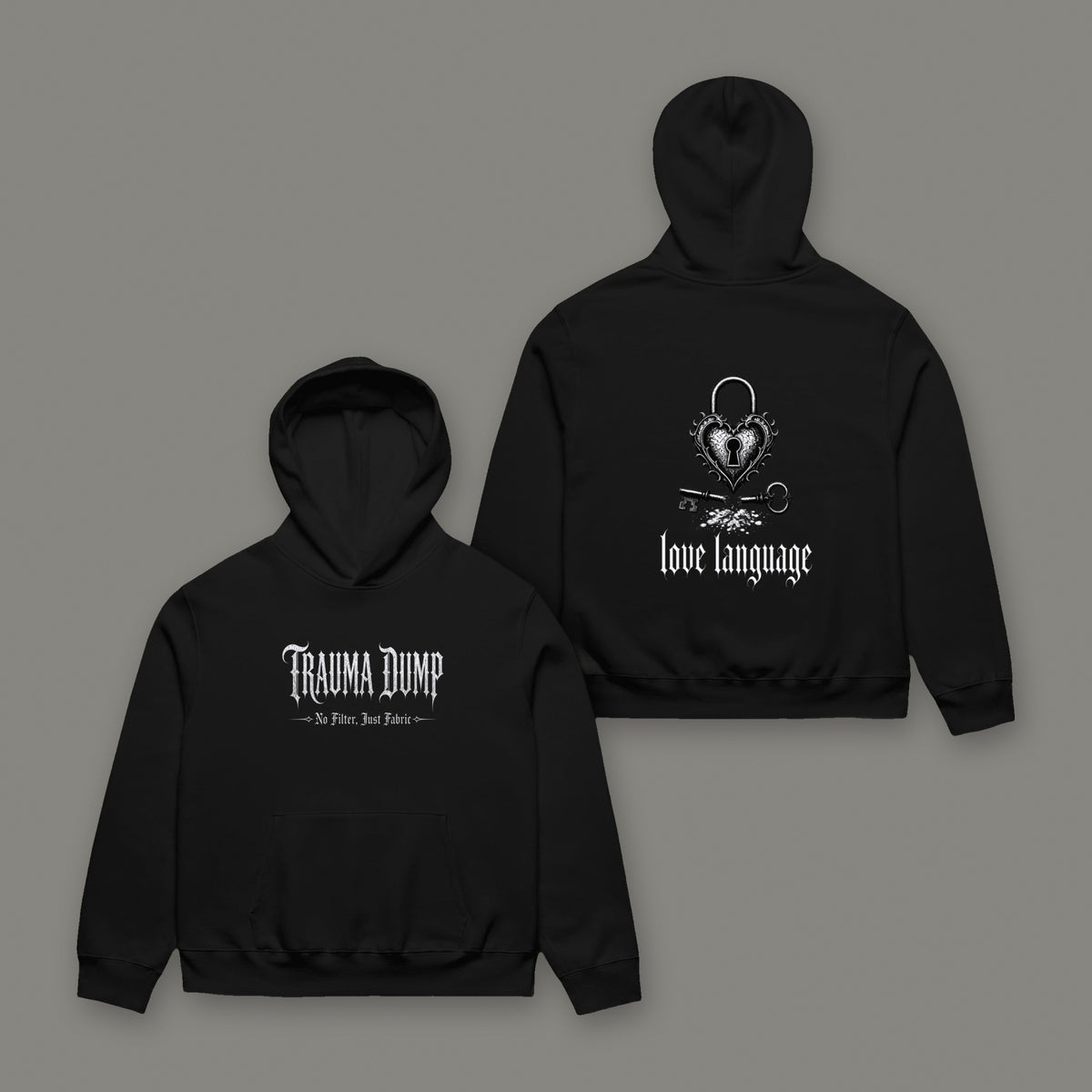 Love Language Unisex Oversized Heavyweight Hoodie in black by Trauma Dump, front with TD logo and back with love language graphic in white ink (Black, white ink)