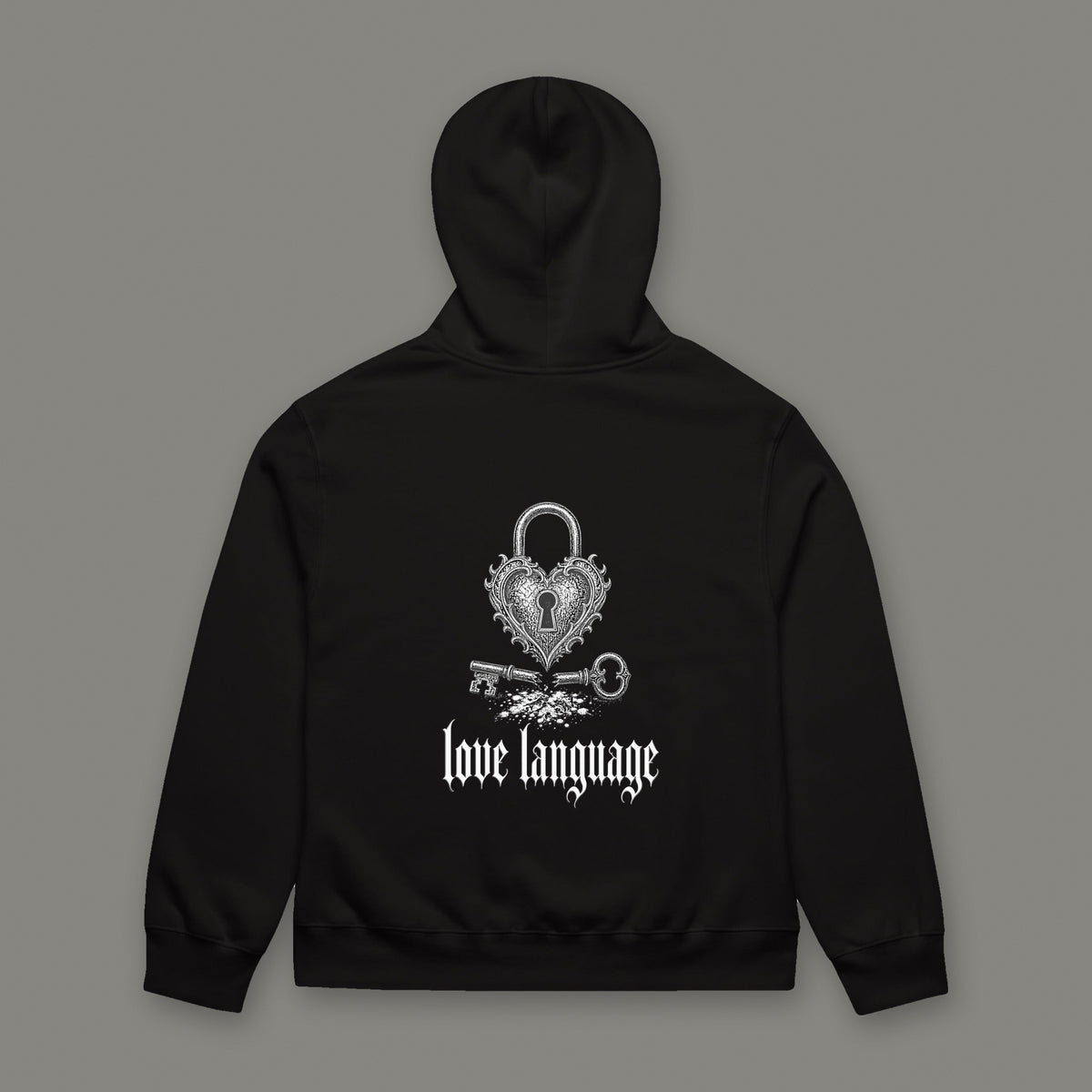 Love Language Oversized Heavyweight Hoodie in black by Trauma Dump, oversized black goth hoodie back with heart padlock print in white ink (Black, white ink)