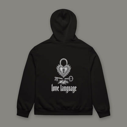 Love Language Oversized Heavyweight Hoodie in black by Trauma Dump, oversized black goth hoodie back with heart padlock print in white ink (Black, white ink)