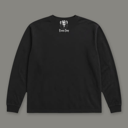 Love Language Long Sleeve Tee in black, back view with doll portrait logo under the collar (Black, white ink)