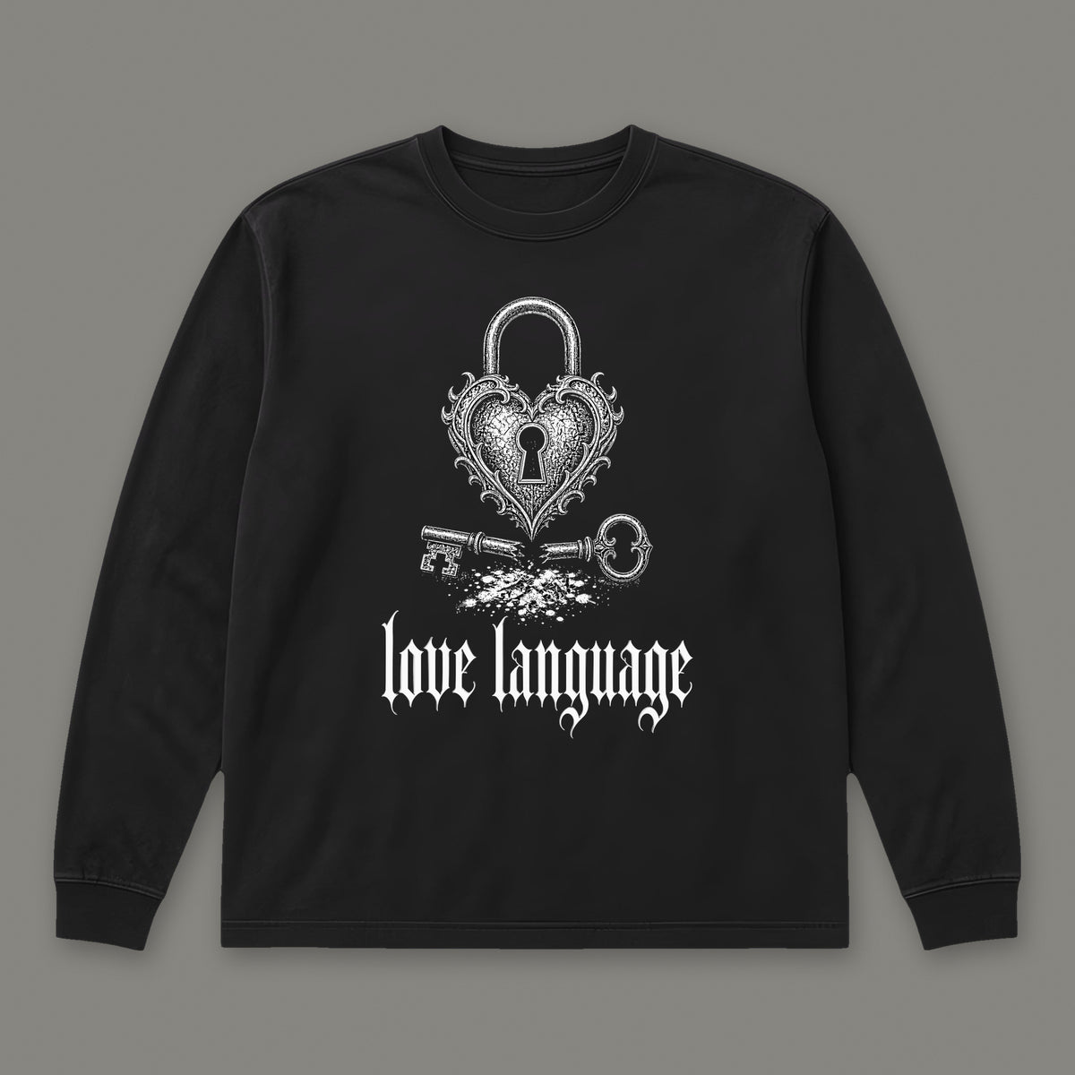 Love Language Long Sleeve Tee in black, front view (Black, white ink)
