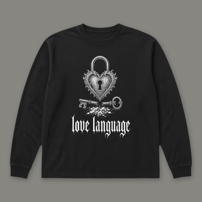 Love Language Long Sleeve Tee in black, front view (Black, white ink)