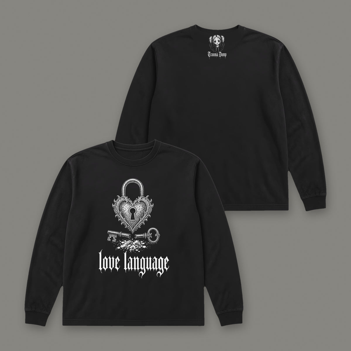 Love Language Long Sleeve Tee in black, front and back view (Black, white ink)
