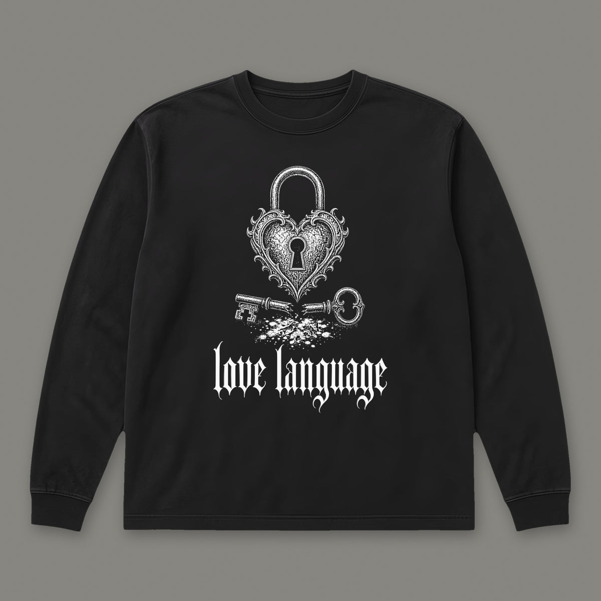 Love Language Long Sleeve Tee in black, front view (Black, white ink)