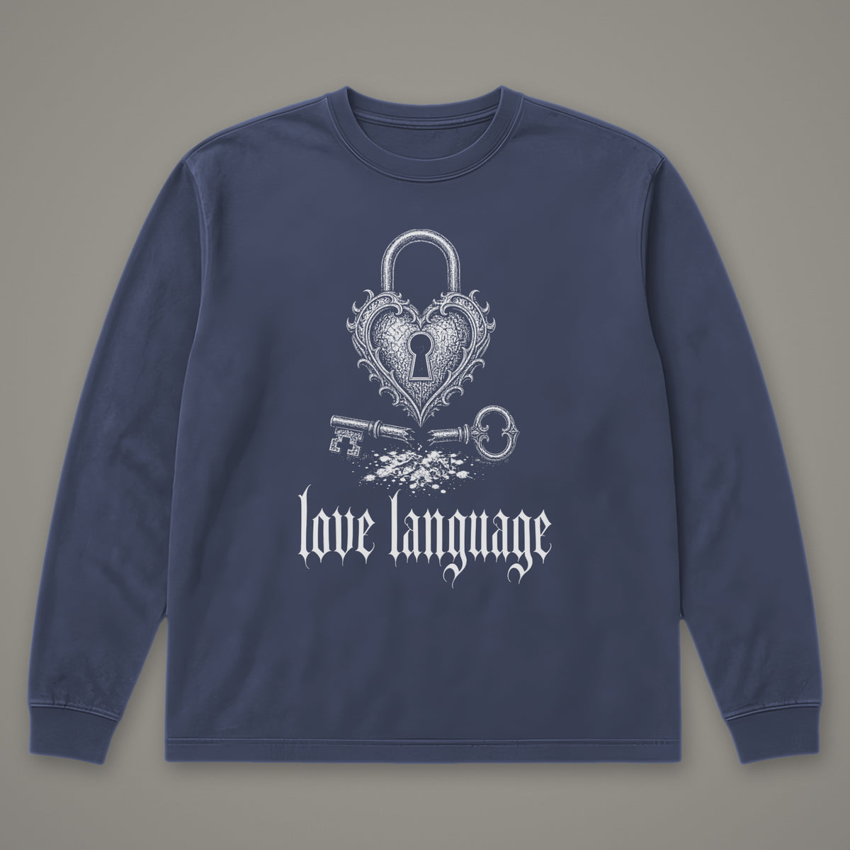 Love Language Long Sleeve Tee in navy, front view (Navy, white ink)