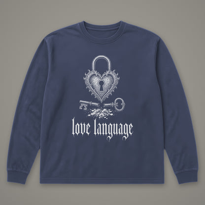 Love Language Long Sleeve Tee in navy, front view (Navy, white ink)