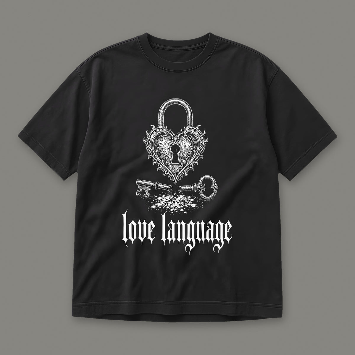 Love Language Men's Heavyweight Tee in black by Trauma Dump, heart padlock and broken key tattoo-style gothic graphic in white ink (Black, white ink)