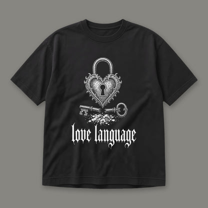 Love Language Men's Heavyweight Tee in black by Trauma Dump, heart padlock and broken key tattoo-style gothic graphic in white ink (Black, white ink)