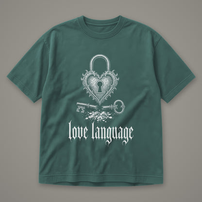 Love Language Men's Heavyweight Tee in blue spruce by Trauma Dump, heart padlock and broken key tattoo-style gothic graphic in white ink (Blue Spruce, white ink)