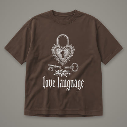 Love Language Men's Heavyweight Tee in espresso by Trauma Dump, heart padlock and broken key tattoo-style gothic graphic in white ink (Espresso, white ink)