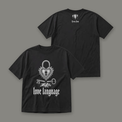 Love Language Men's Heavyweight Tee by Trauma Dump, front and back view of black goth tee (Black, white ink)