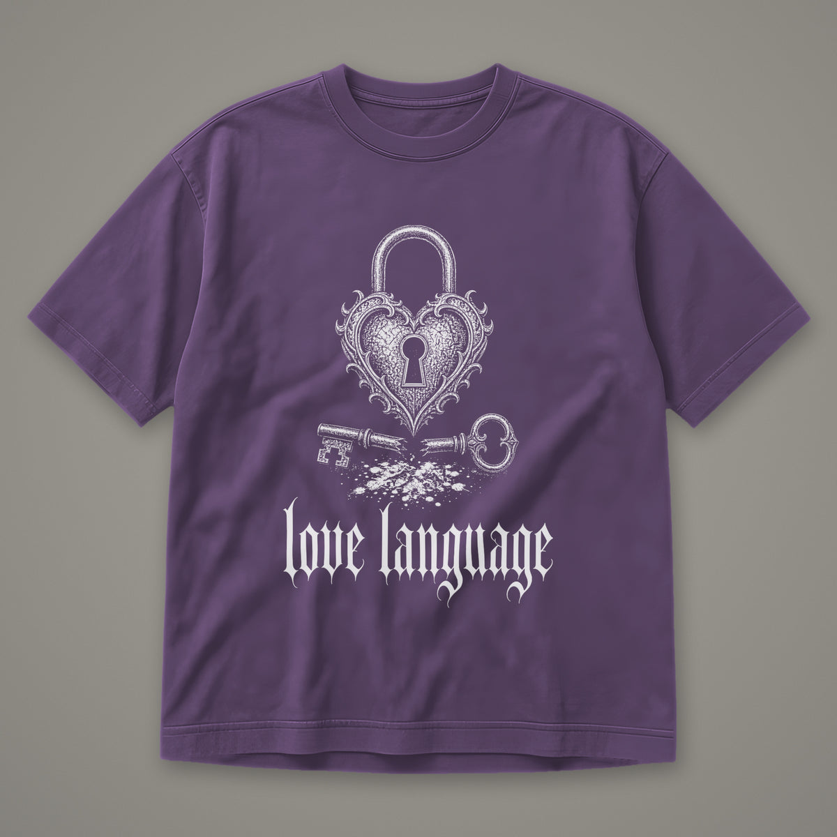 Love Language Men's Heavyweight Tee in grape by Trauma Dump, heart padlock and broken key tattoo-style gothic graphic in white ink (Grape, white ink)