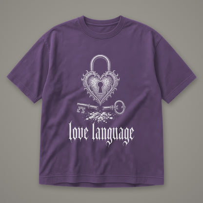 Love Language Men's Heavyweight Tee in grape by Trauma Dump, heart padlock and broken key tattoo-style gothic graphic in white ink (Grape, white ink)