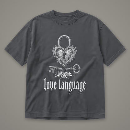 Love Language Men's Heavyweight Tee in graphite by Trauma Dump, heart padlock and broken key tattoo-style gothic graphic in white ink (Graphite, white ink)