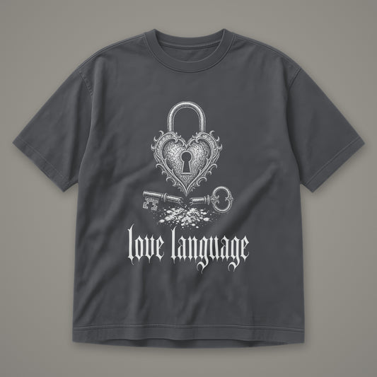 Love Language Men's Heavyweight Tee in graphite by Trauma Dump, heart padlock and broken key tattoo-style gothic graphic in white ink (Graphite, white ink)