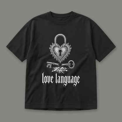 Love Language Men's Heavyweight Tee in black by Trauma Dump, heart padlock and broken key tattoo-style gothic graphic (Black, white ink)