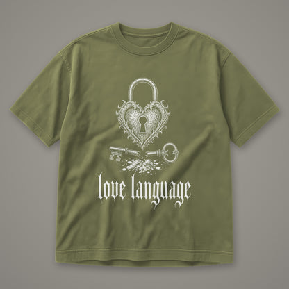 Love Language Men's Heavyweight Tee in moss by Trauma Dump, heart padlock and broken key tattoo-style gothic graphic in white ink (Moss, white ink)