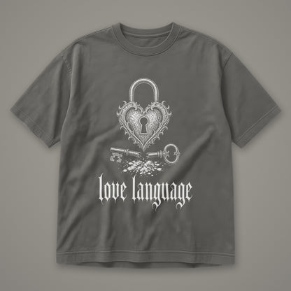 Love Language Men's Heavyweight Tee in pepper by Trauma Dump, heart padlock and broken key tattoo-style gothic graphic in white ink (Pepper, white ink)