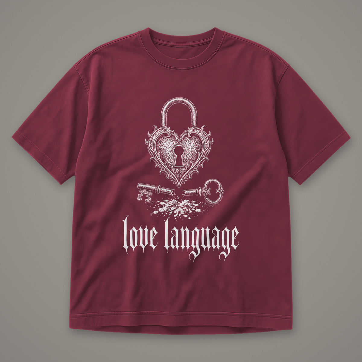 Love Language Men's Heavyweight Tee in wine by Trauma Dump, heart padlock and broken key tattoo-style gothic graphic in white ink (Wine, white ink)
